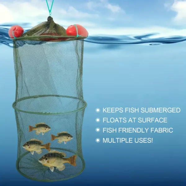 Panier de pêche pliable en nylon avec filet résistant et ancrages métalliques