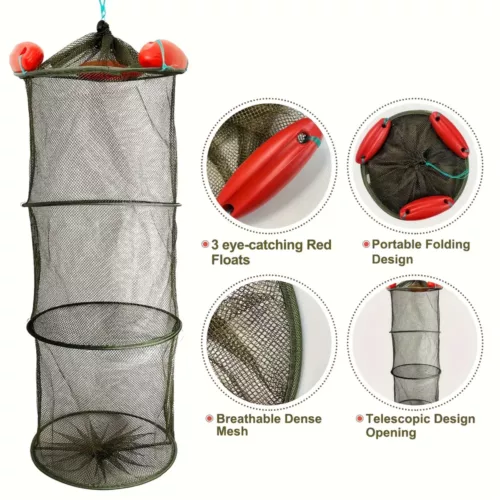 Panier de pêche pliable en nylon avec filet résistant et ancrages métalliques