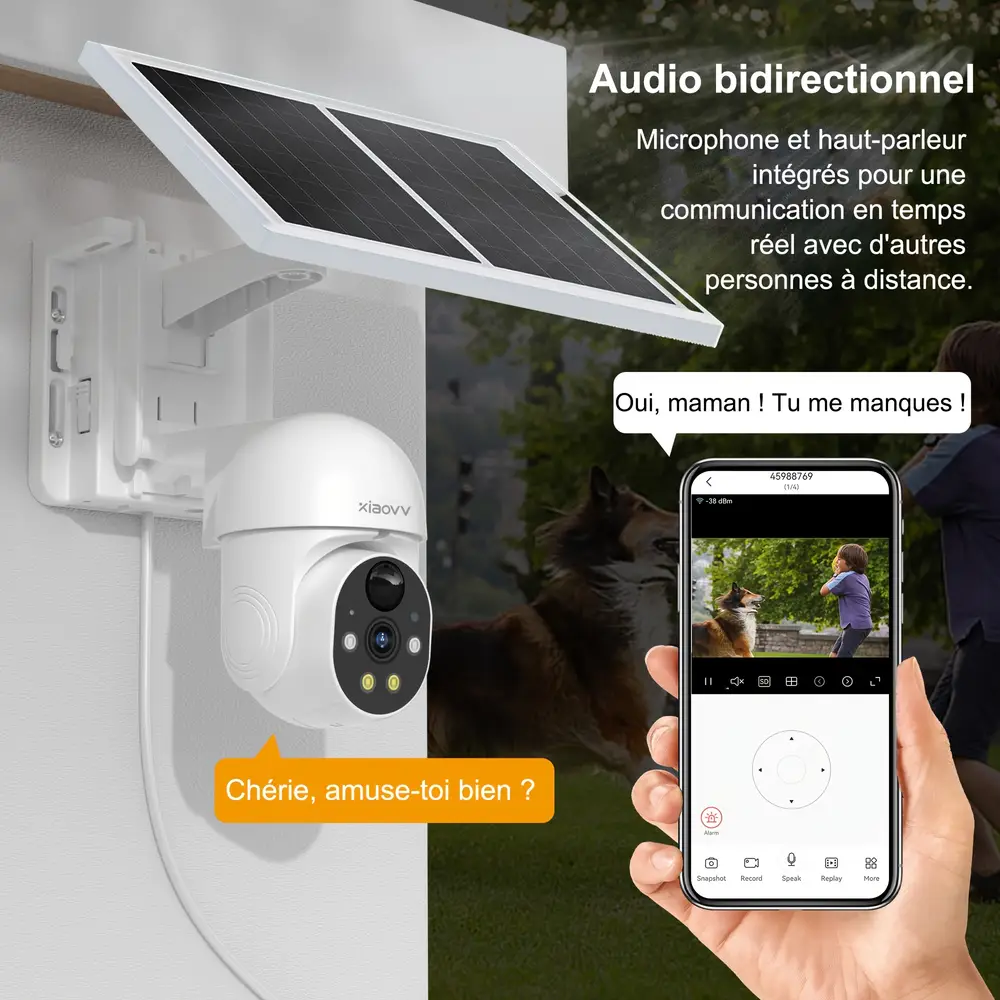 Caméra de surveillance extérieure sans fil solaire 1080p avec vision nocturne HD