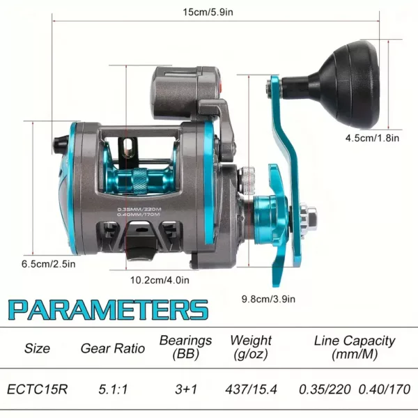 Moulinet traîne pêche main droite avec compteur de ligne et bobine 3+1 roulements