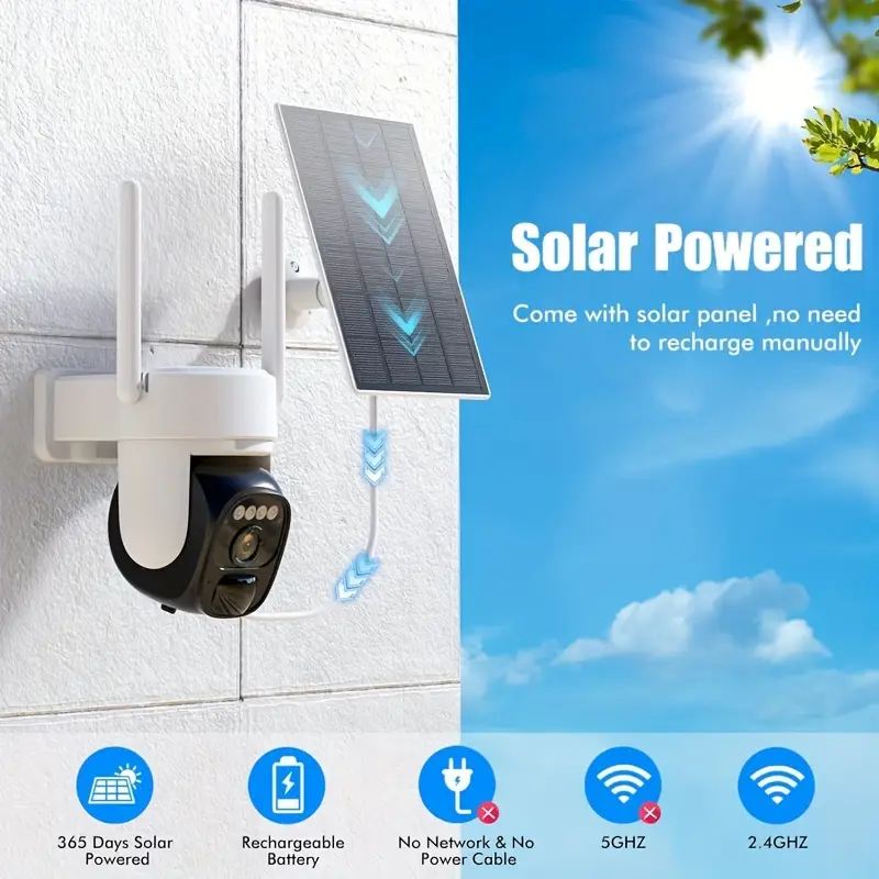 Caméra de sécurité extérieure solaire 3MP WiFi PTZ 360° avec vision nocturne couleur