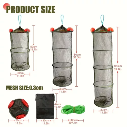 Panier de pêche pliable en nylon avec filet résistant et ancrages métalliques