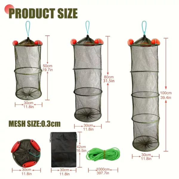 Panier de pêche pliable en nylon avec filet résistant et ancrages métalliques