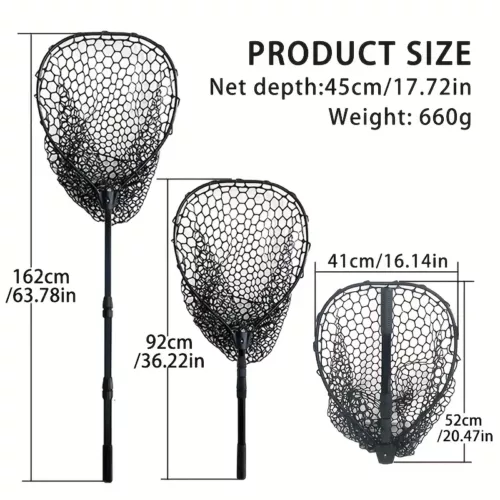 Epuisette de pêche en aluminium pliable avec filet silicone anti-accrocs