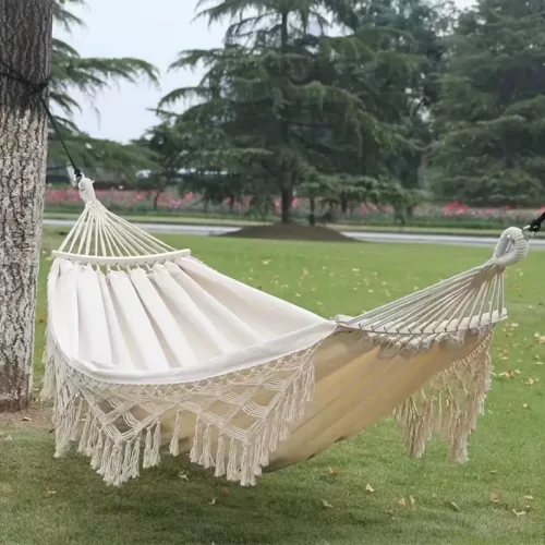 Hamac bohème en toile de coton avec pompons – double suspendu avec sac