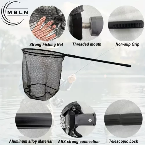 Épuisette de pêche pliante en aluminium renforcé – maille noire robuste