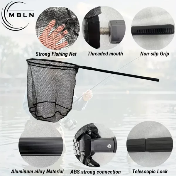 Épuisette de pêche pliante en aluminium renforcé – maille noire robuste
