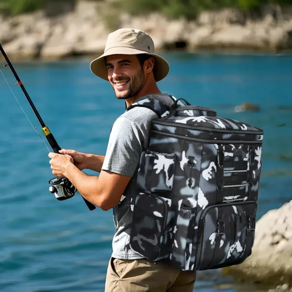 Sac à dos de pêche avec 4 boîtes de rangement et porte-cannes intégré