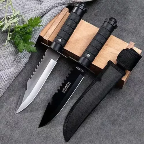 Couteau de survie tactique droit en acier – lame fixe légère noir mat