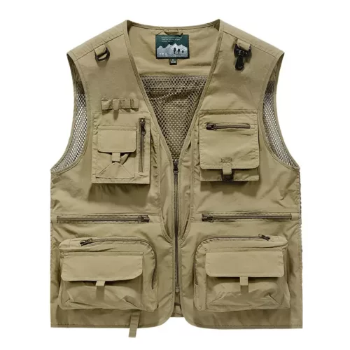 Gilet sans manches homme multi-poches – tissu léger outdoor kaki ou noir
