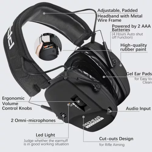 Casque anti-bruit électronique tactique pour chasse et tir – noir pliable