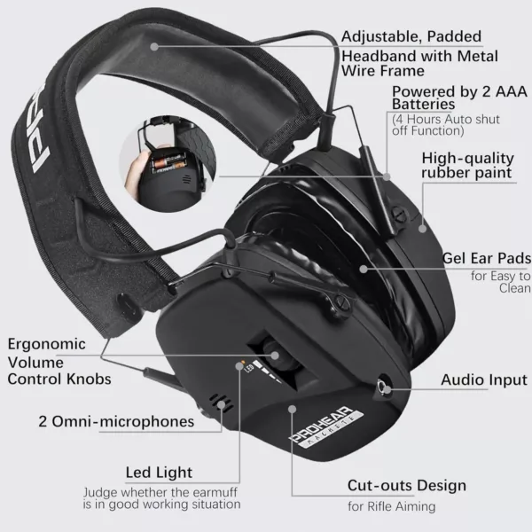 Casque anti-bruit électronique tactique pour chasse et tir – noir pliable