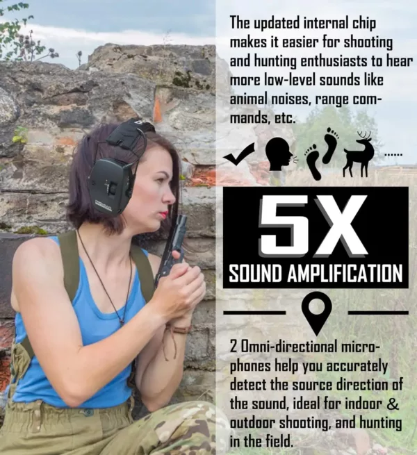 Casque anti-bruit électronique tactique pour chasse et tir – noir pliable