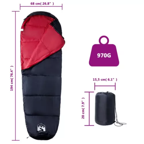 Sac de couchage momie pour camping – léger, zip double, 3 saisons – gris/bleu