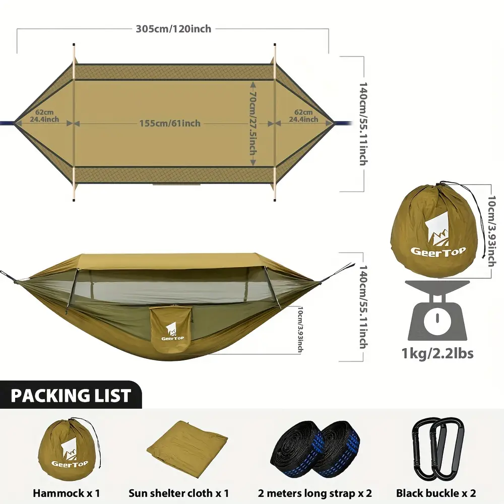 Hamac suspendu avec moustiquaire intégrée et pare-soleil – idéal camping