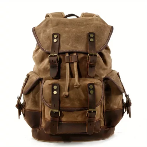 Sac à dos vintage homme toile coton et cuir – style rétro robuste 30L kaki