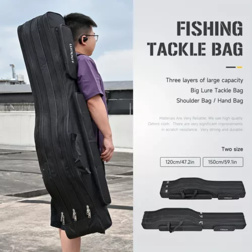 Fourreau de pêche 3 compartiments en tissu Oxford résistant avec bretelles rembourrées