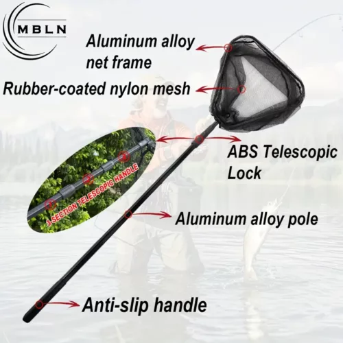 Épuisette de pêche pliable en aluminium – filet renforcé maille noire robuste