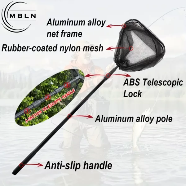 Épuisette de pêche pliante en aluminium renforcé – maille noire robuste