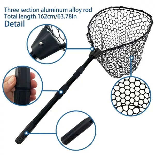 Epuisette de pêche en aluminium pliable avec filet silicone anti-accrocs
