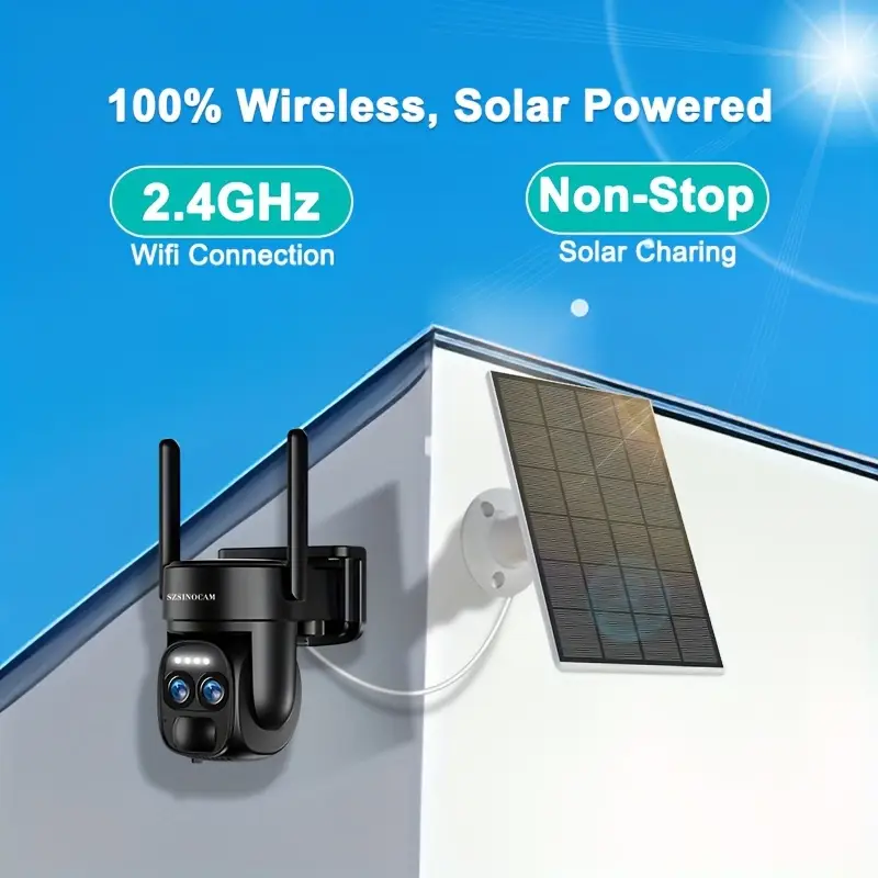 Caméra de surveillance extérieure solaire 360° avec double objectif et audio HD