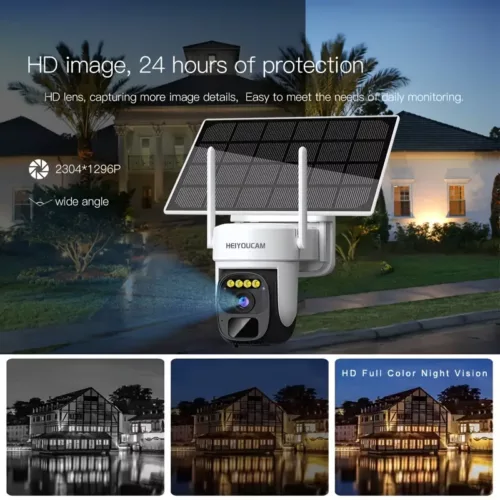 Caméra de sécurité extérieure solaire 3MP WiFi PTZ 360° avec vision nocturne couleur