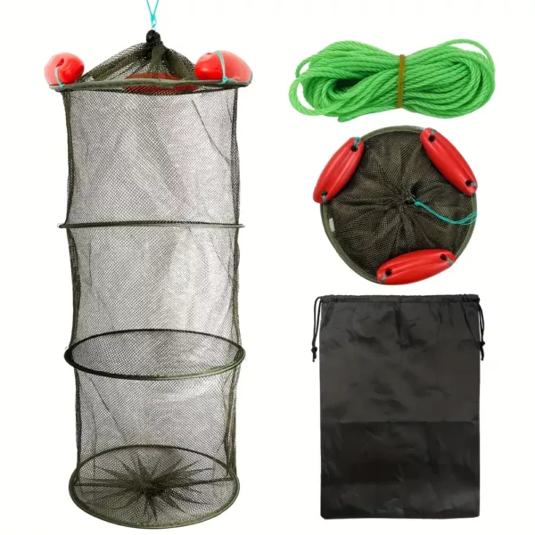 Panier de pêche pliable en nylon avec filet résistant et ancrages métalliques