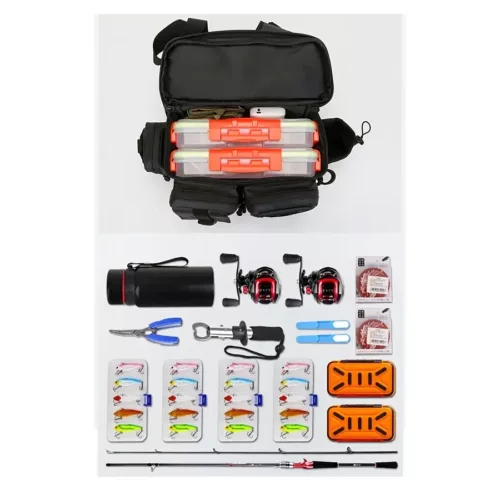 Sac de pêche multifonction avec canne intégrée et kit complet d’accessoires