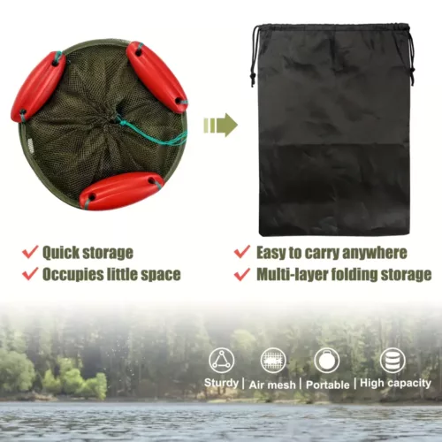 Panier de pêche pliable en nylon avec filet résistant et ancrages métalliques