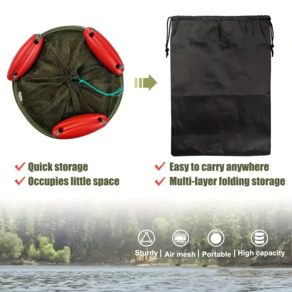 Panier de pêche pliable en nylon avec filet résistant et ancrages métalliques