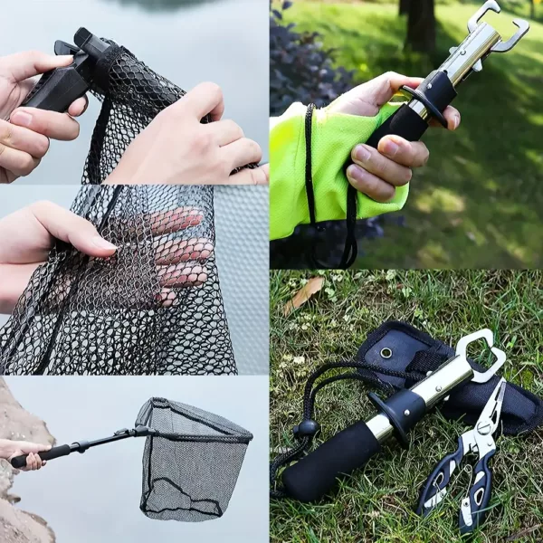 Kit pêche télescopique avec pince multifonction et filet pliable inoxydable