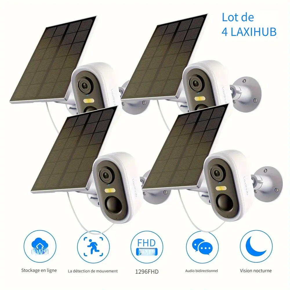 Caméras de surveillance solaires sans fil – pack de 4 avec détection de mouvement
