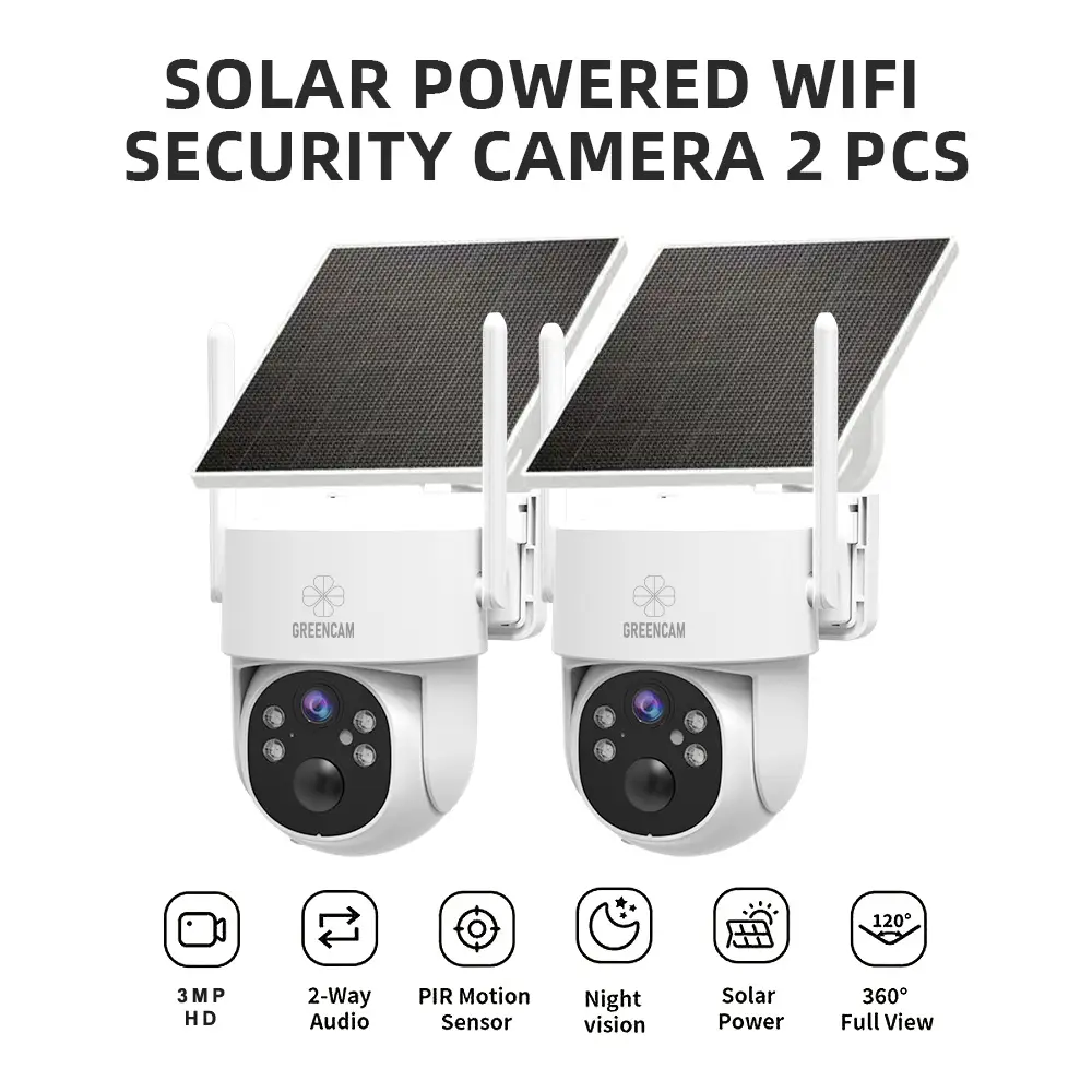Caméras de surveillance extérieures sans fil solaires 3MP – pack de 2, vision 360° et détection AI