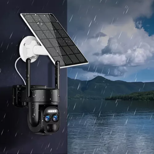 Caméra de surveillance extérieure solaire 360° avec double objectif et audio HD